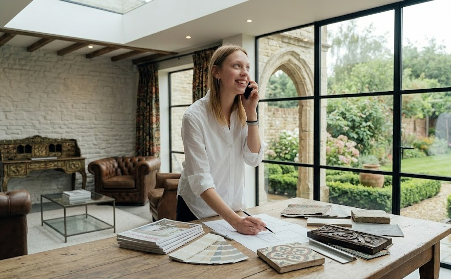 Woman on phone planning interior design with colour samples and blueprints in a stylish room with garden view