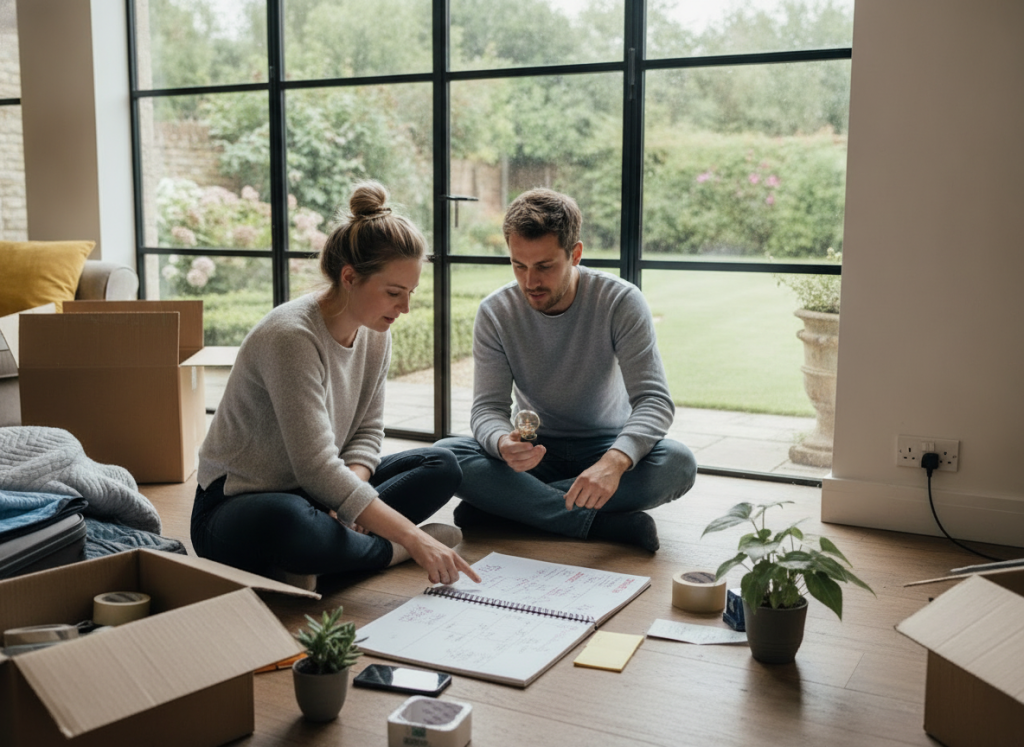 Couple planning and packing for move in